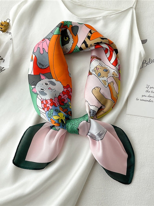 70*70cm Silk Shawl Print Headscarf Cat Hair Wrap Neckerchief Female Satin Square Scarf For Women Headband Foulard Hijab Bandana for Women