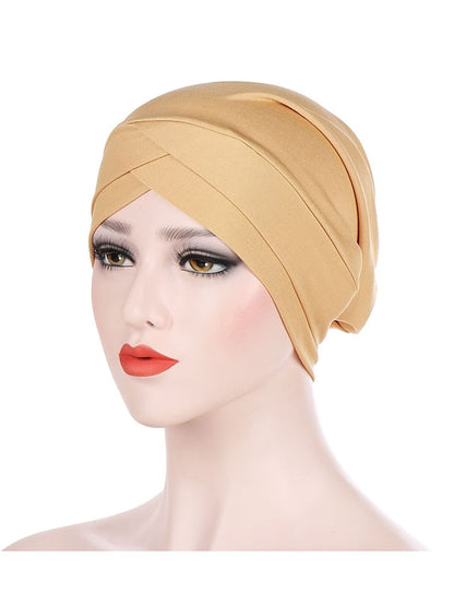 Solid Stretch Fabric Forehead Cross India Cap Turban Hat Women Elastic Turban Muslim Hijab Islamic India Hair Loss Caps Scarf Headwraps for Women