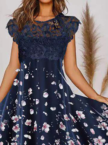 A Line Dress Midi Dress Navy Blue Short Sleeve Floral Print Spring Summer Crew Neck Elegant Modern  3XL for Women