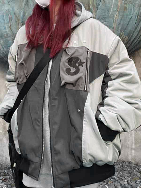 Embroidery Pocket Zipper Patchwork Design Bomber Jacket