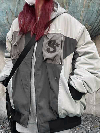 Embroidery Pocket Zipper Patchwork Design Bomber Jacket