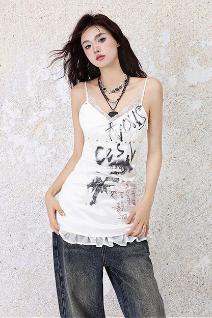 Lace Patch Satin Print Slim Halter Dress