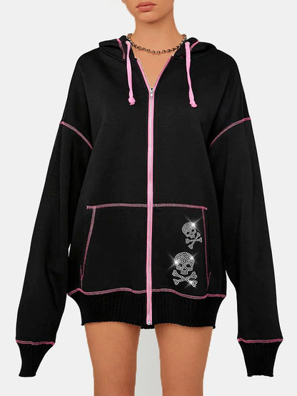 Gothic Skull Rhinestone Print Oversized Hoodie