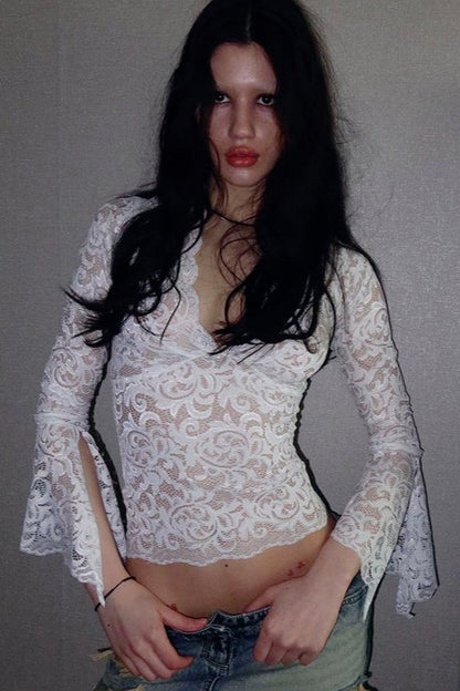 Deep V Long Sleeve Lace Trim Crop Top