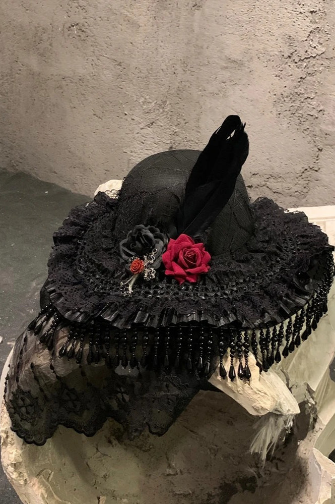 Goth Lolita Witch Hat Dark Lace Countess Widow Hat