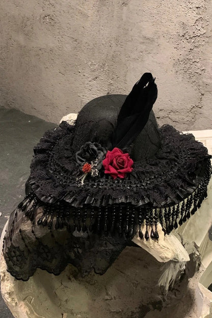 Goth Lolita Witch Hat Dark Lace Countess Widow Hat