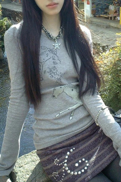 Vintage Y2k Flare Sleeve Graphic Print Knit Top