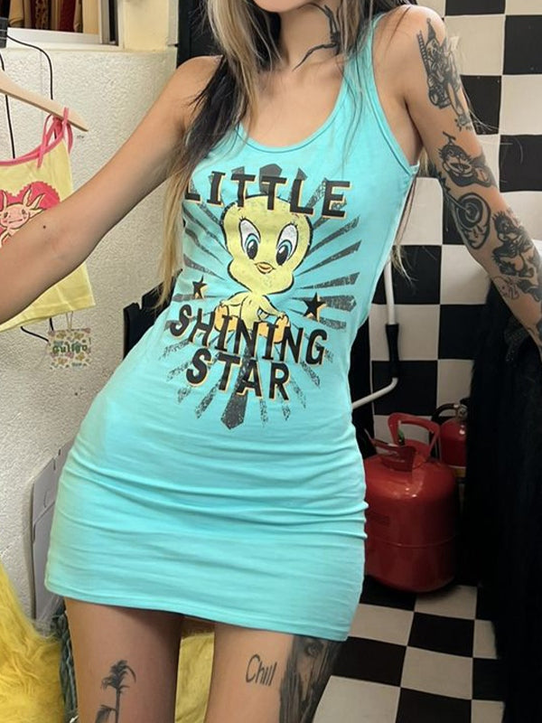 Cartoon Print Stretchy Wrap Hip Mini Dress
