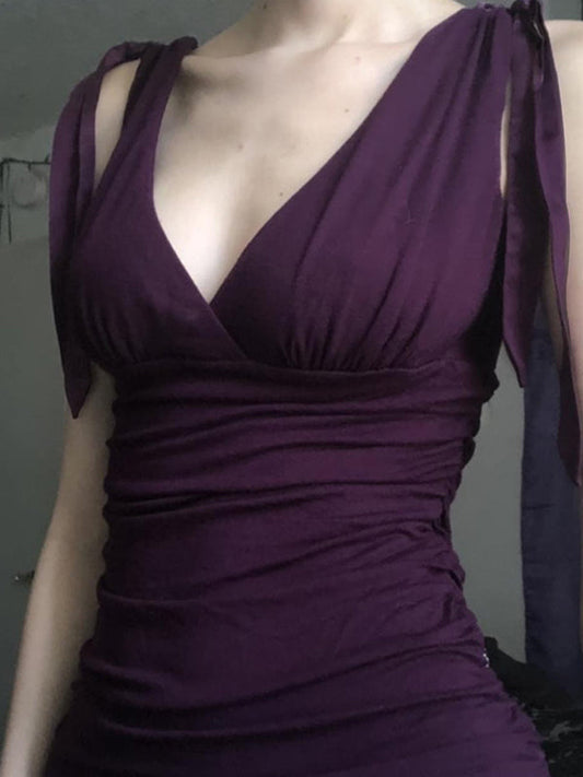 Solid Color Vintage Purple Crossover V-Neck Tank Top