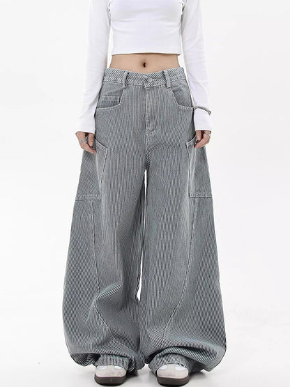 American Retro Striped Scimitar Banana Boyfriend Jeans