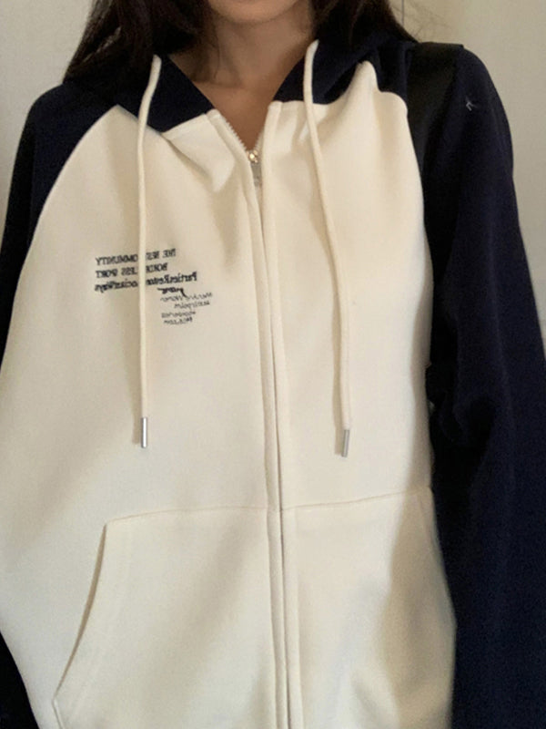 Color Block Splice Zip Up Oversized Hoodie