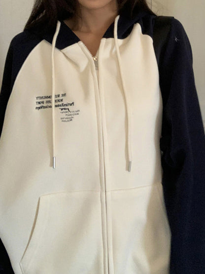 Color Block Splice Zip Up Oversized Hoodie