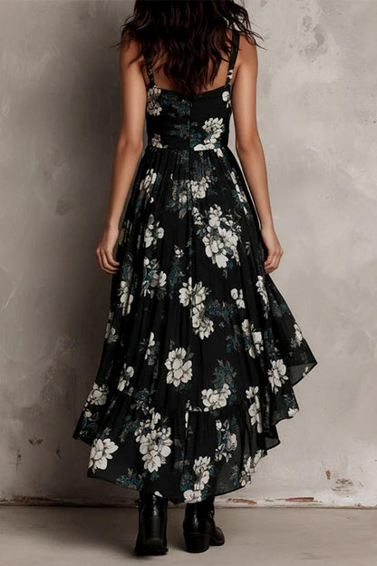 Midnight Wildflower High-Low Ruffle Floral Dress