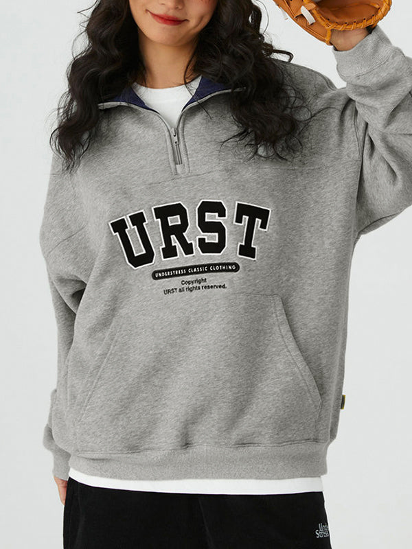 Letter Embroidery Lapel Neck Half Zipper Sweatshirt