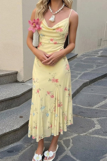 Draped Neck Floral Mesh Midi Dress