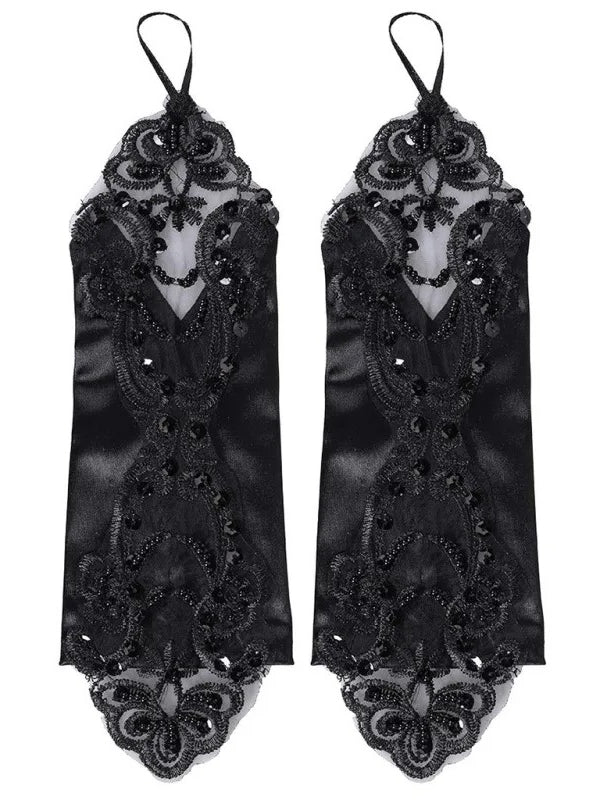 Gothic Satin Lace Sequins Fingerless Gloves