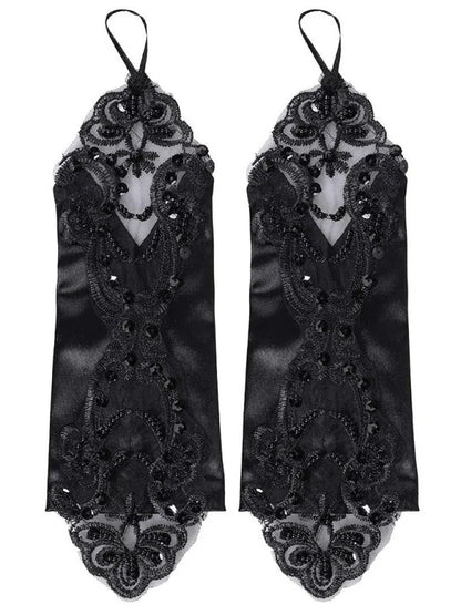 Gothic Satin Lace Sequins Fingerless Gloves