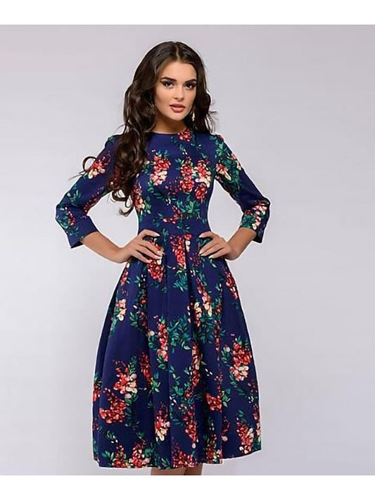 A Line Dress Knee Length Dress Purple / Blue White Dark Blue Red 3/4 Length Sleeve Floral Print Print Fall Spring Round Neck Formal Vintage  S M L XL XXL XXXL for Women