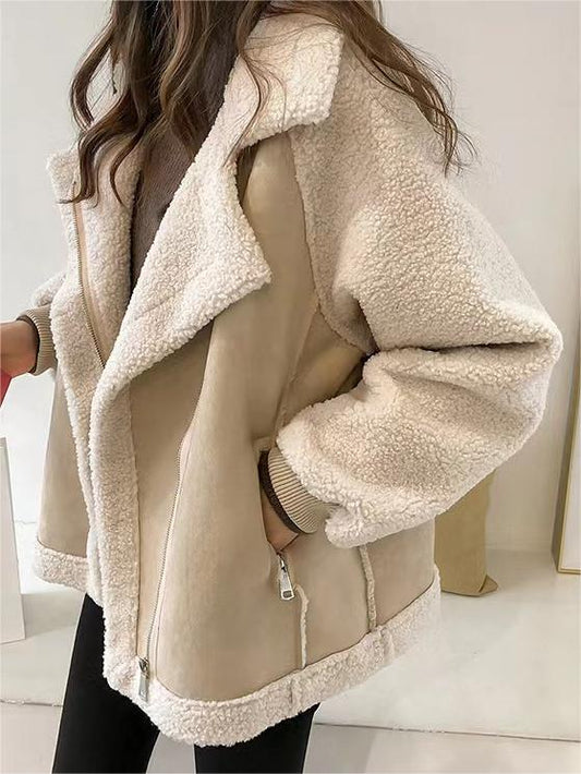 Classic Oversize Vegan Fur Suede Jacket with Lapel Collar