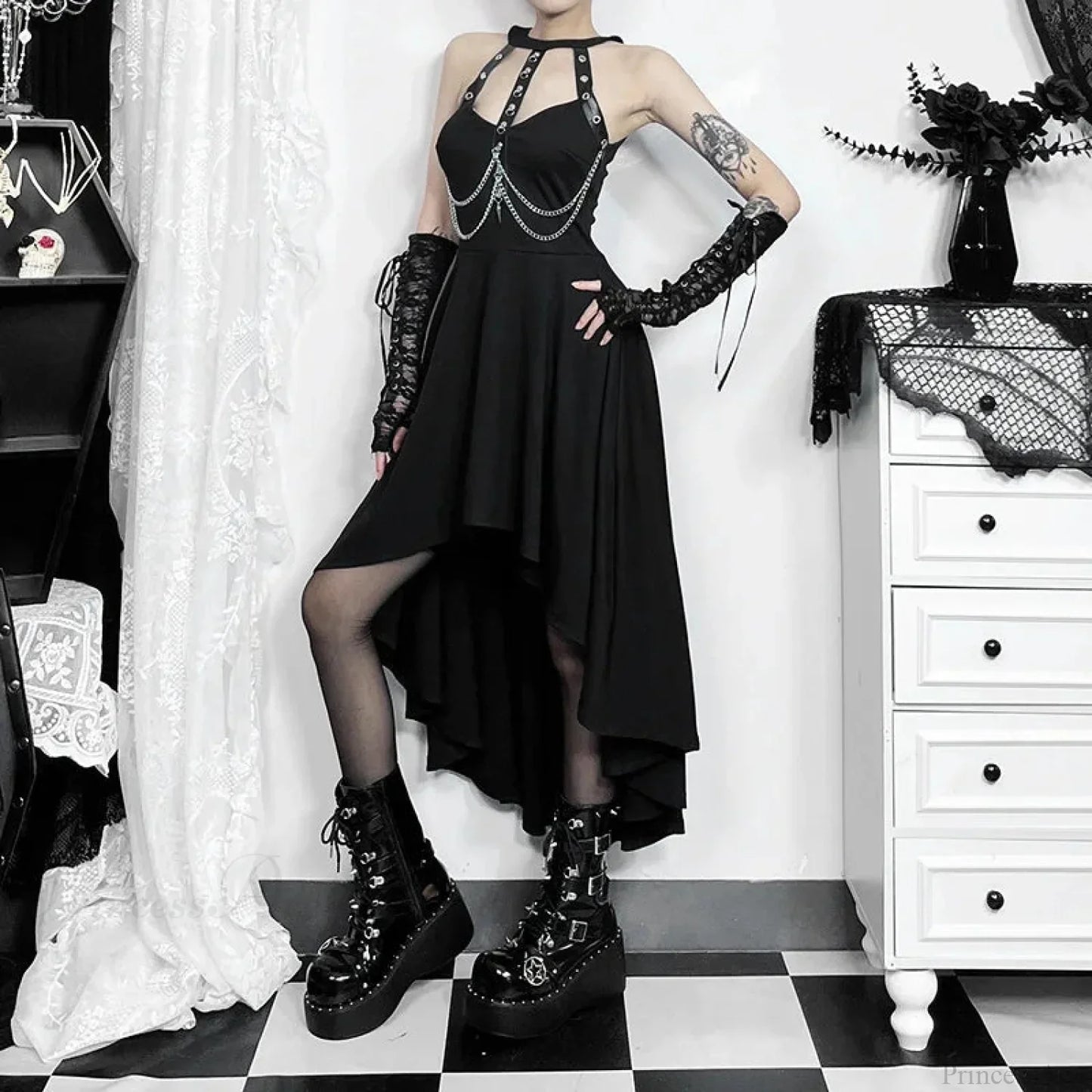 Chains Ornament Halter Swing Midi Dress