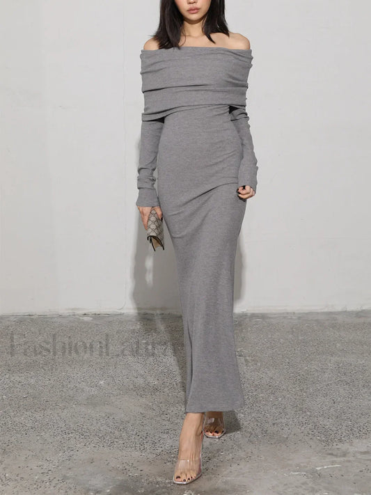 Charcoal Off Shoulder Overfold Modern Long Sleeve Long Dress