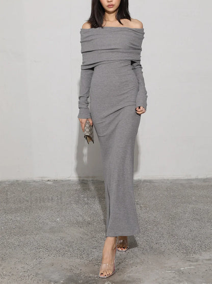Charcoal Off Shoulder Overfold Modern Long Sleeve Long Dress