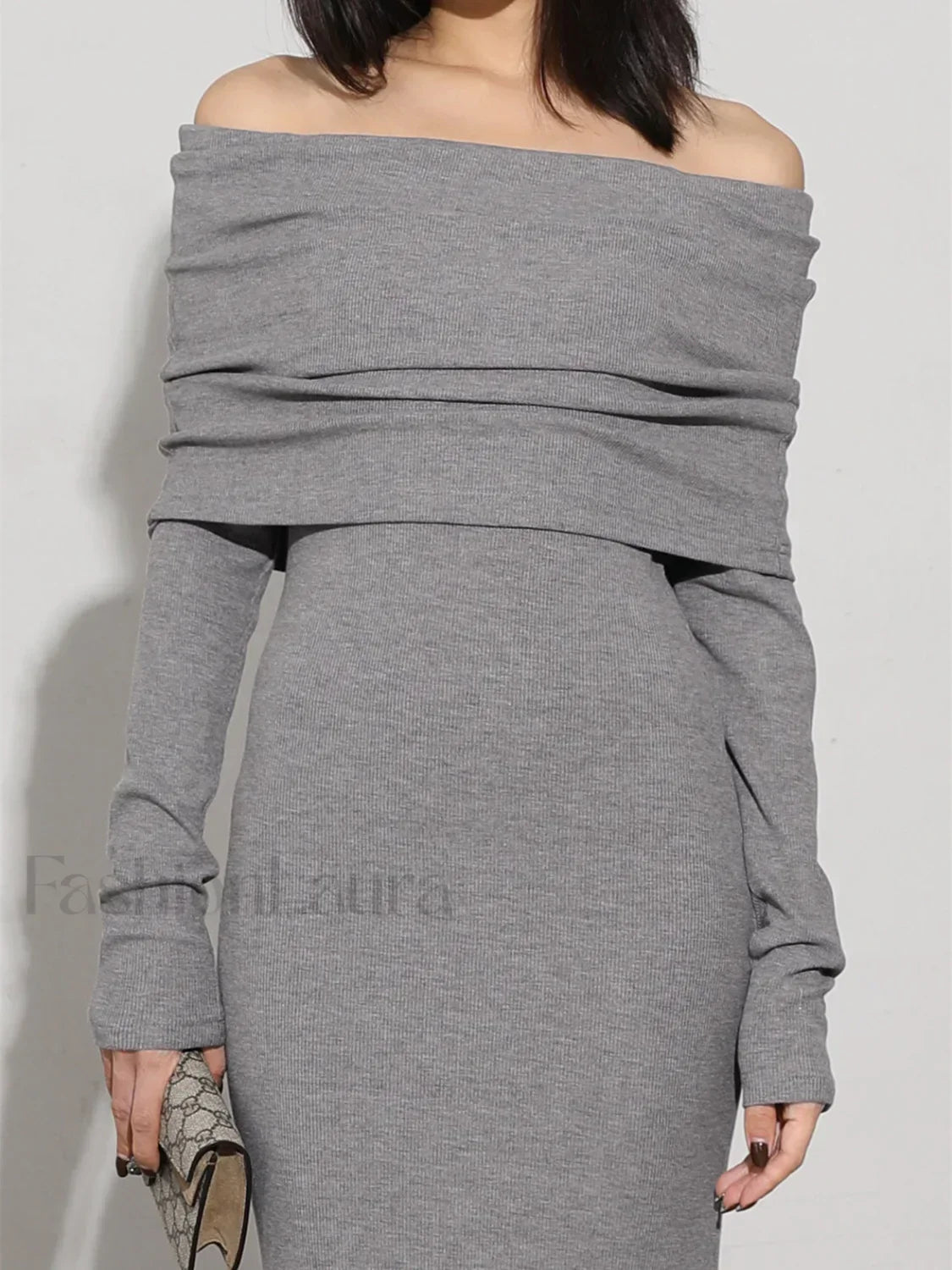 Charcoal Off Shoulder Overfold Modern Long Sleeve Long Dress