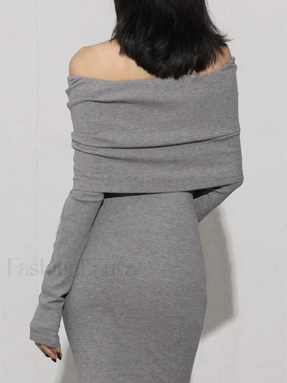 Charcoal Off Shoulder Overfold Modern Long Sleeve Long Dress