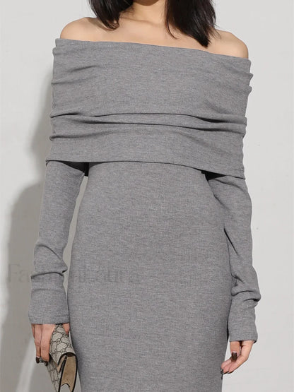 Charcoal Off Shoulder Overfold Modern Long Sleeve Long Dress