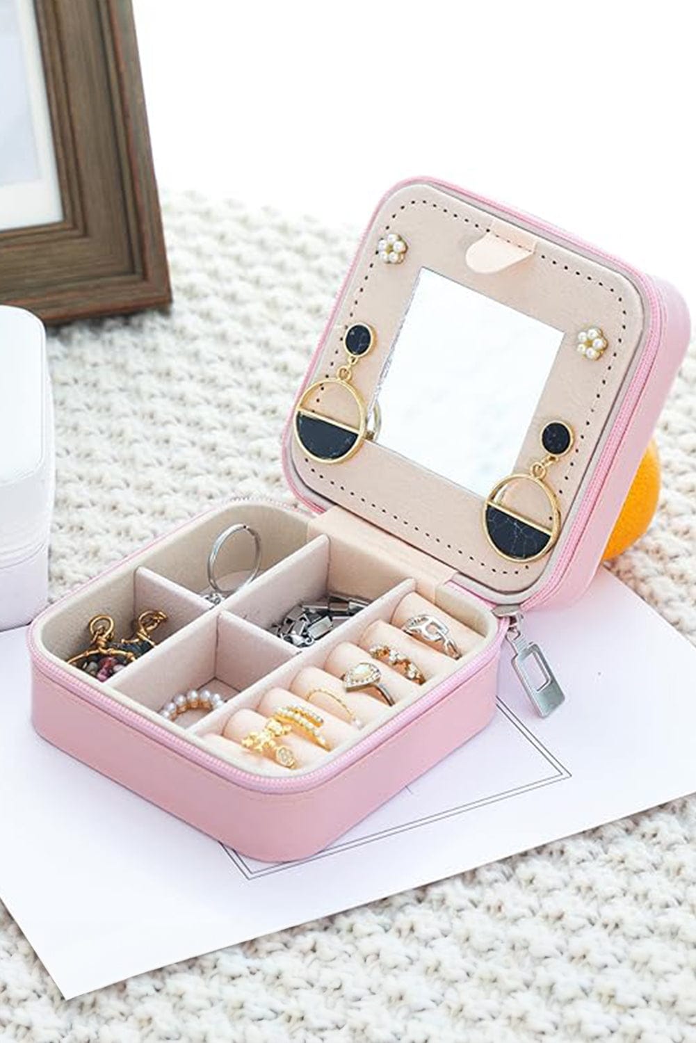 Chenille Pink Letter Jewelry Organizer with Mirror