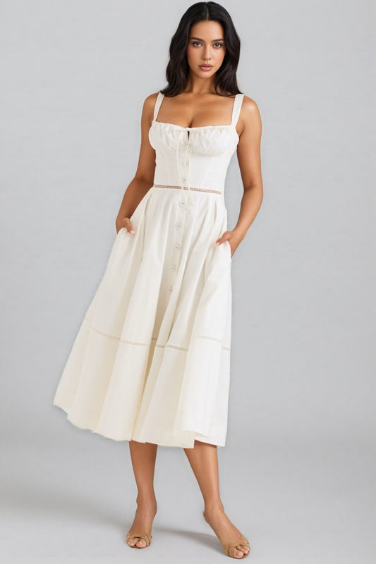 Kaelt White Cotton Button Front Midi Dress
