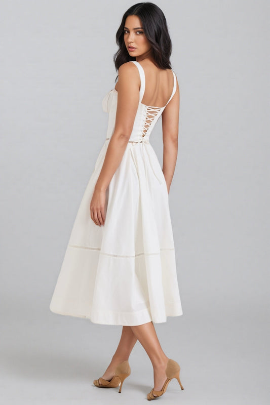 Kaelt White Cotton Button Front Midi Dress