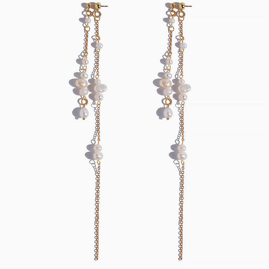 Two Tone Cable Chain Pearl Drop Earrings in 18K Gold Plated Chic Design