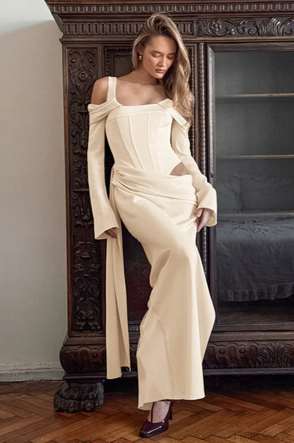 Chic Off-the-Shoulder Long Sleeve Bodycon Split Two Piece Set