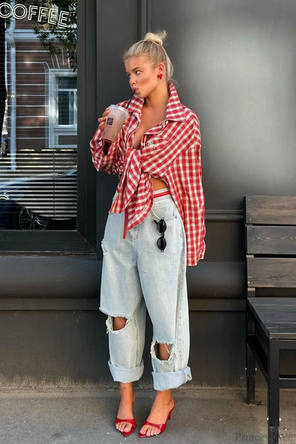 Chic Red Plaid Collared Loose Long Sleeve Blouse