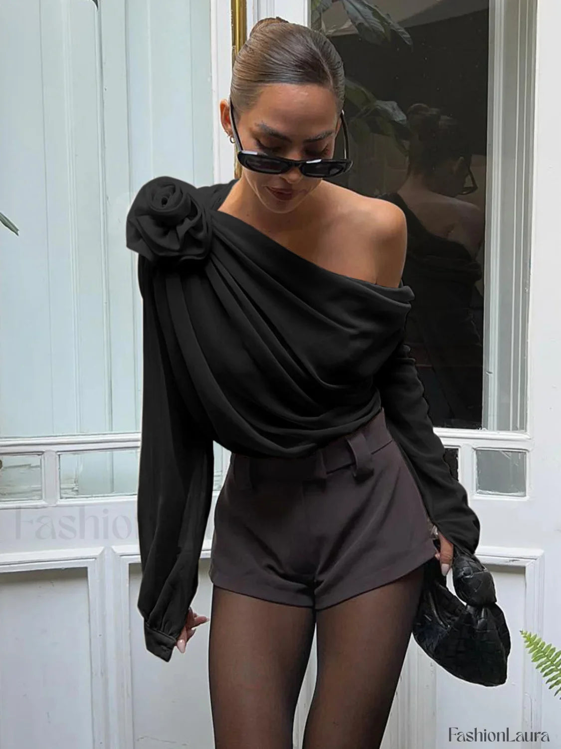Chiffon Semi-sheer One Trendy Shoulder Asymmetrical Top