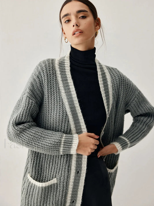 Chunky Knit Double Trendy Pockets Slouchy Cardigan