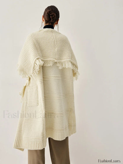 Chunky Knit Tassel Trendy Hem Poncho Cardigan