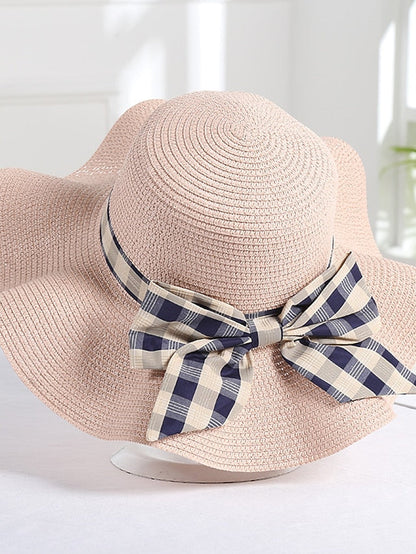 Hat Straw Hat Pink Khaki Beige Lawn Festival Braided Bow Print Ribbon bow Portable Windproof Breathable for Women