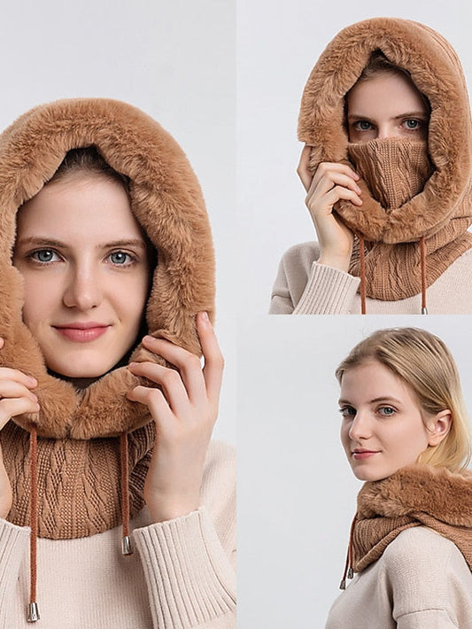 High Quality Winter Fur Cap Mask Set Hooded for Women Knitted Cashmere Neck Warm Outdoor Ski Windproof Hat Thick Plush Fluffy Beanies for Women