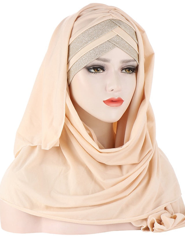 Forehead Cross Hair Wrap Scarf Solid Color Glitter Sequins Jersey Hijabs Muslim Headband Women Turban Hair Cap Headscarf for Women