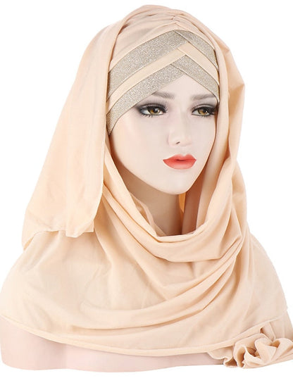 Forehead Cross Hair Wrap Scarf Solid Color Glitter Sequins Jersey Hijabs Muslim Headband Women Turban Hair Cap Headscarf for Women