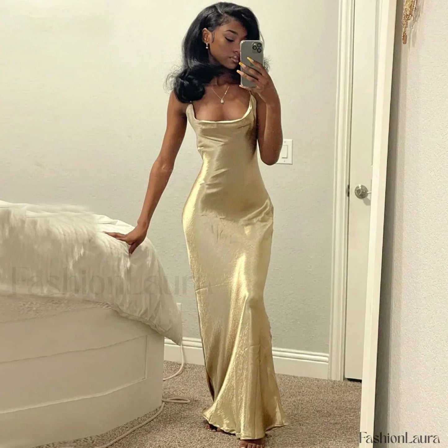 Classy Cowl Neck Tie String Silky Slip Maxi Dress - Champagne