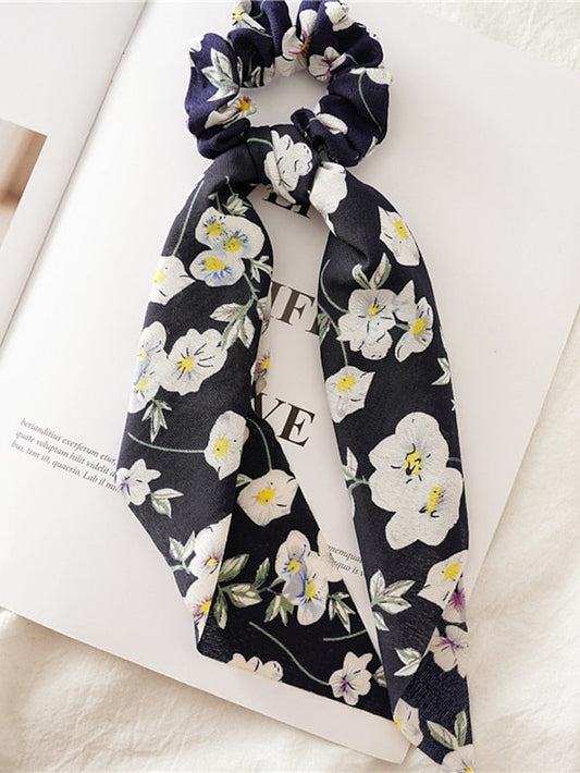 1 Pc Floral Hair Scarf with Ribbon satin Hair Scarves Bow Hair Scrunchies Floral Ribbon Scrunchies Elastic Floral Bow Hair Ties Vintage Hair Accessories for Women Girls for Women