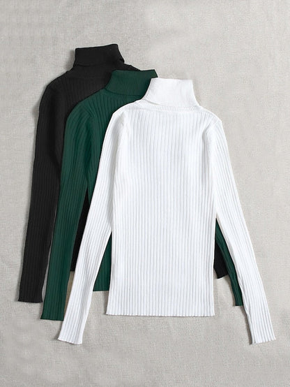 3 pieces Women's Pullover Sweater Jumper Ribbed Knit Knitted Thin Solid Color Turtleneck Basic Casual Daily Winter Fall Black White Gray Brown