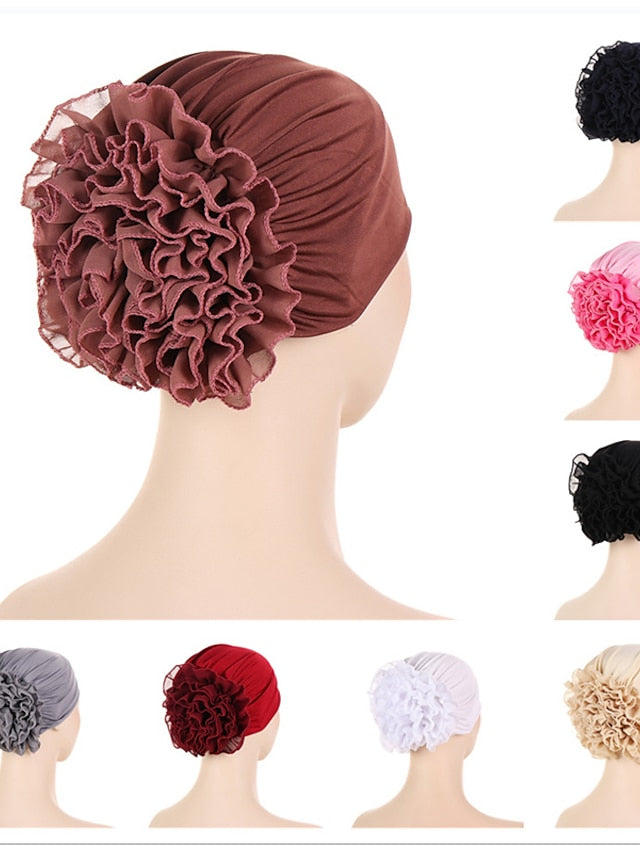 Woman Big Flower India Hat Beanie Turban Hair Accessories Elastic Cloth Hair Bands Hat Chemo Beanie Ladies Muslim Solid Hair Loss Cap for Women