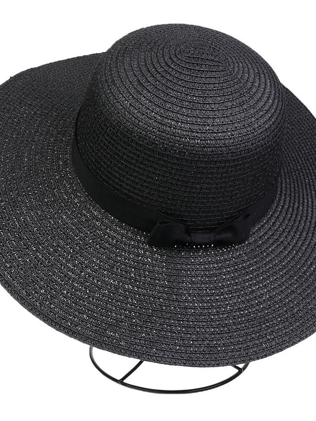 Hat Straw Hat Black Pink Khaki Outdoor Daily Holiday Braided Bow Pure Color Portable Sun Protection Breathable for Women