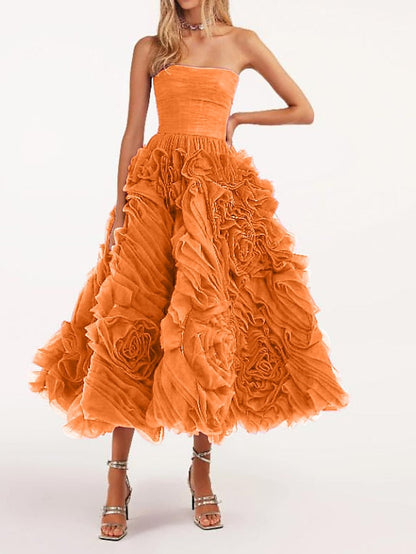 A-Line Prom Dresses Floral Dress Masquerade Ankle Length Sleeveless Strapless Tulle Backless with Floral 2023