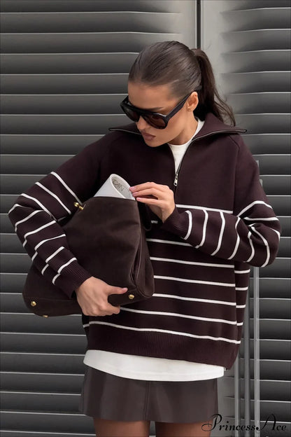 Collared Half Zip Soft Striped Long Sleeve Sweater