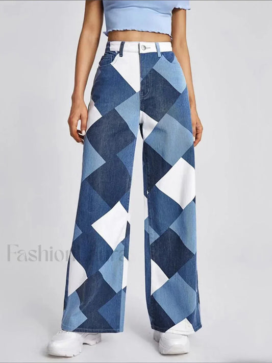 Color Block Argyle Print Wide Leg Jeans